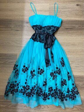 Vintage YNES Teal Mesh Overlay Burnout Floral Velvet & Lace Dress Size Small